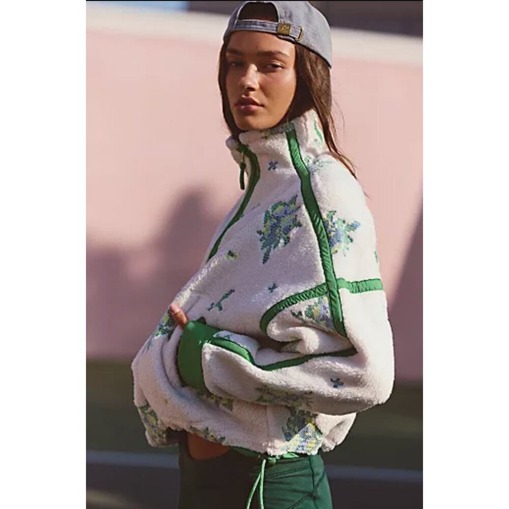 Free People Cream & Green Floral Sherpa Zip Pullover